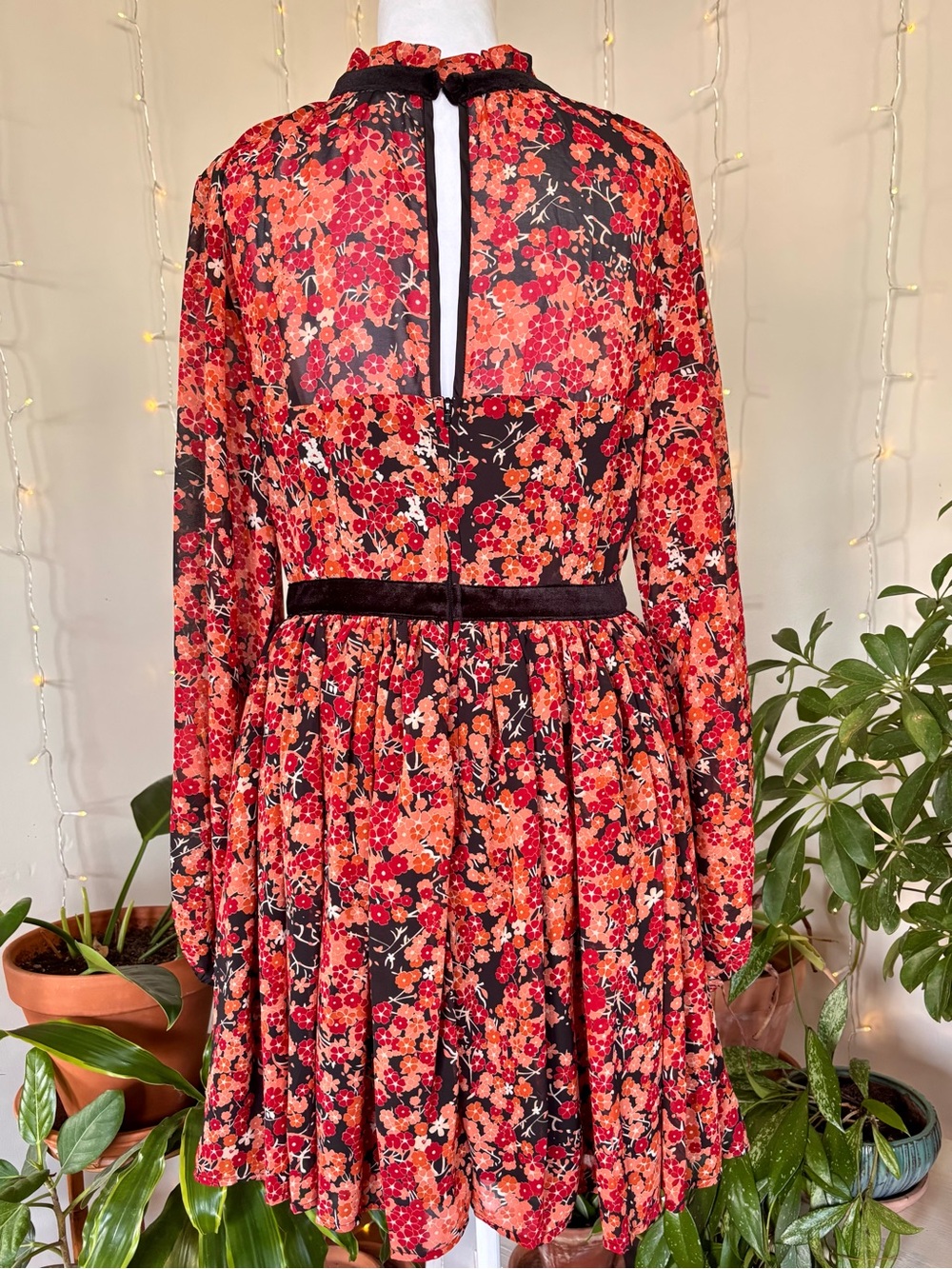 Unique Vintage Warm Floral Velvet Trim Mini Dress Cottagecore Prairie Size L - Picture 5 of 8